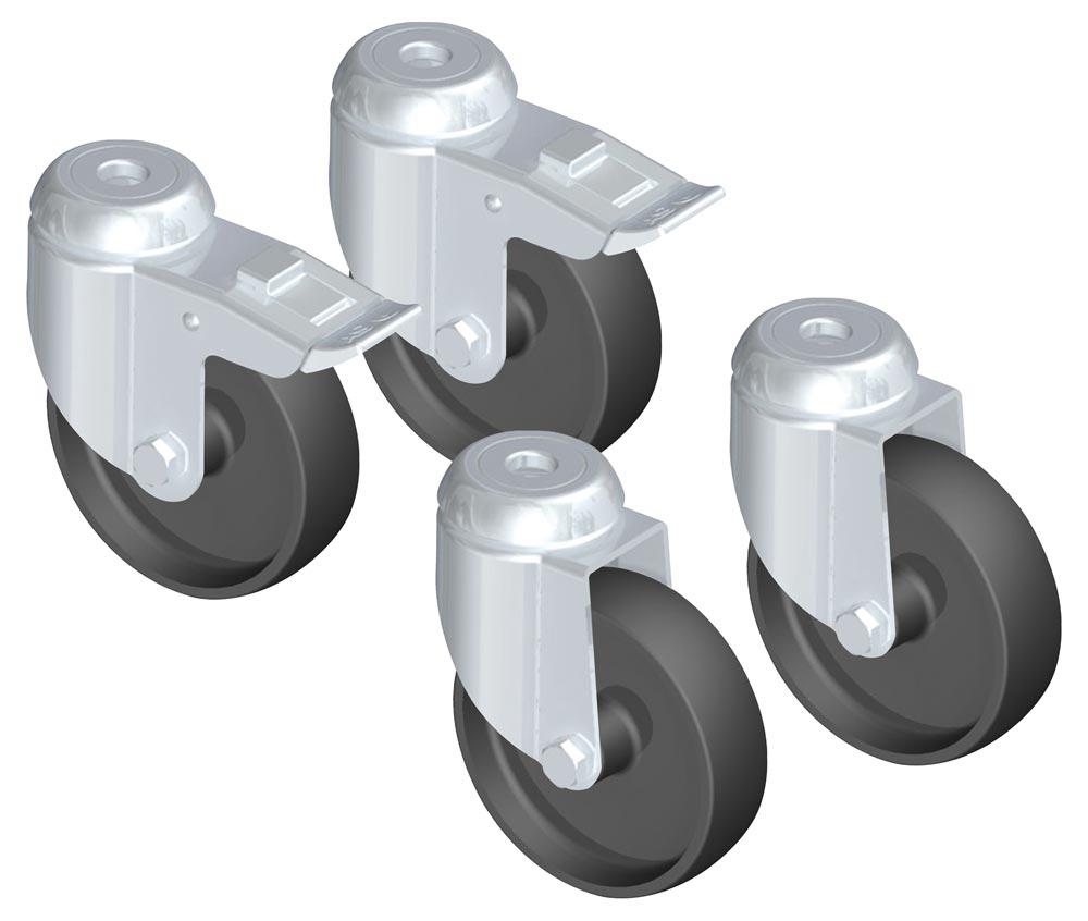 Rädersatz, bestehend aus 4 Lenkrollen, 2 davon mit Feststeller, Bauhöhe 90 mm